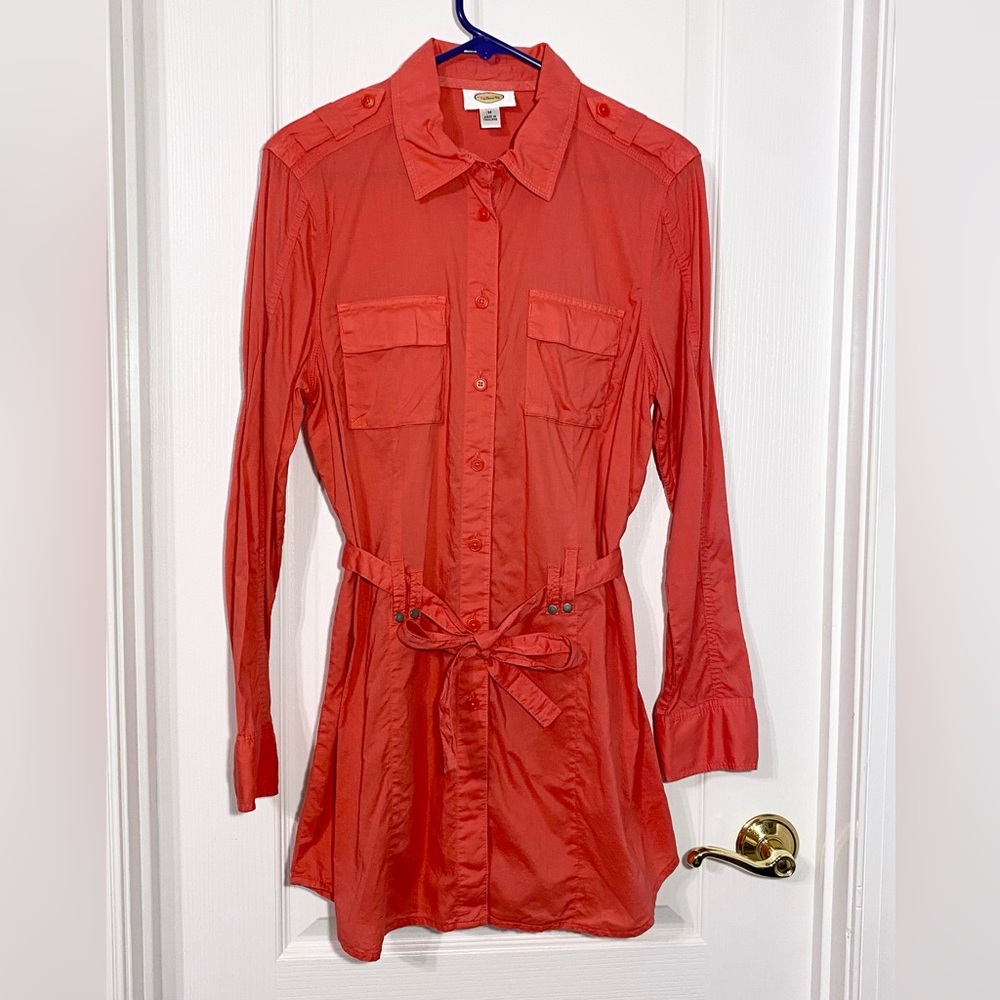 Y2K VTG Talbots Safari Style Belted Button Down Tunic Shirt Coral Red Medium